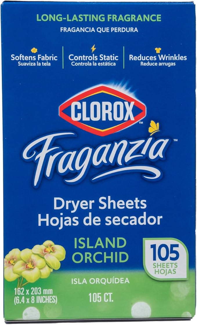 Clorox Fraganzia Fabric Softener Dryer Sheets, Wrinkle Reducing and Anti Static Laundry Dryer Sheets for Great Smelling Clothes, Softens Fabrics, Island Orchid Scent, 105 Count