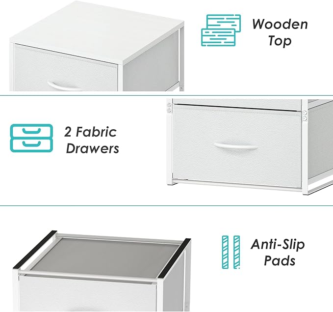 2 Pack Stackable Storage Closet Drawers, White Closet Organizers and Storage, Small Drawers for Closet with Wooden Top & Metal Frame, 2 Tier Modern Short Dresser for Bedroom,Dorm,Living Room, Office