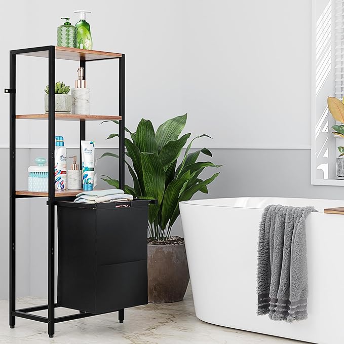 Tilt-Out Laundry Hamper with Shelf – 3 Tier Laundry Organizer with Waterproof Fabric Bin | Freestanding Storage Cabinet with Hooks for Bathroom & Bedroom