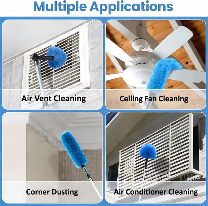 30ft High Ceiling Duster Kits with 5-24ft Heavy Duty Extension Pole - Fan Blade Cleaner, Cobweb Remover & Blue Window Squeegee Kit, Washable Dust Brush for High Roof and Glass Surfaces