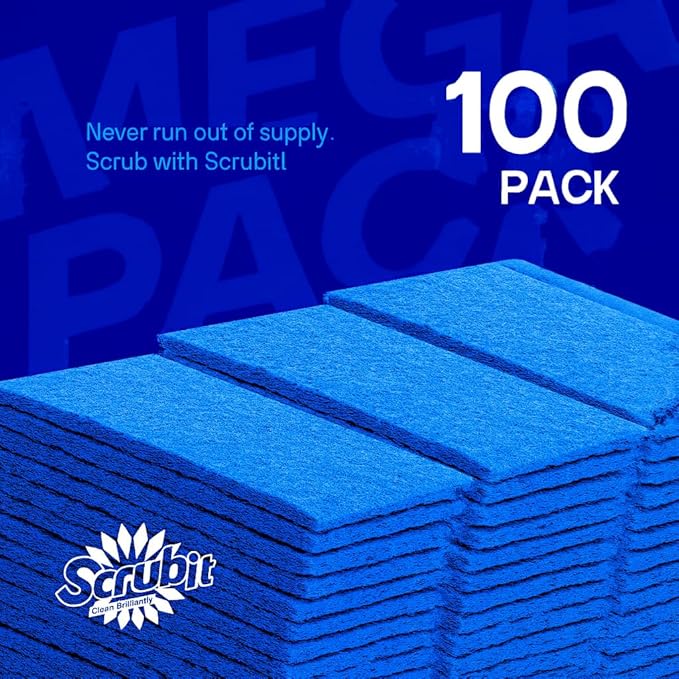 SCRUBIT Scouring Pad 100 Pack - Heavy Duty Scrub Pads for Cleaning Dishes - Non-Scratch Reusable Scrubbing - Blue (100)