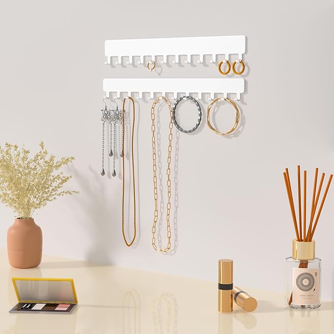 Necklace Holder Hanging Jewelry Organizer - Self-Adhesive Wall Mounted for Necklaces, Bracelets, 2 PCS, White