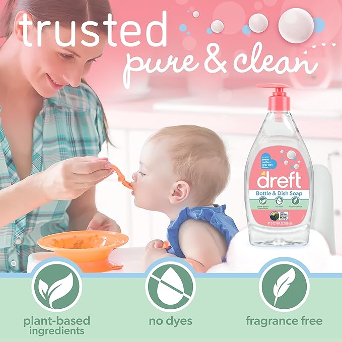 Dreft Baby, Bottle and Dish Soap, Removes Milk Film & Odor, Plant Based, Fragrance Free, Travel Size Bottles, 24 Fl Oz (Pack of 2)