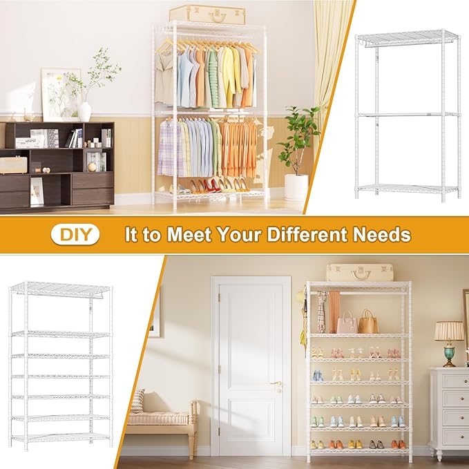 Ulif E13 Max Heavy Duty Clothes Rack（With 4 Hanger Rods & 8 Shelves） Freestanding Clothing Racks for Hanging Clothes，Adjustable Closet，Metal Garment Rack 86" W x16 D x77 H，Max Load 1100LBS，White