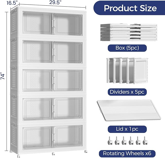 200GAL Extra Large Storage Bins with Lid, 800Qt Stackable Closet Organizers and Drawers, Collapsible Storage Bins with Wheels, Folding Containers for Home, Kitchen Office, 5Pack White