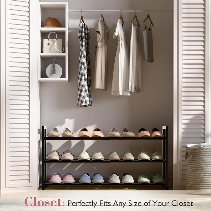 Bumusty 3-Tier Expandable Shoe Rack for Closet, 18“-33” Adjustable Shoe Rack for Small Space, Small Shoe Organizer for Front Door, Sturdy Metal, Black