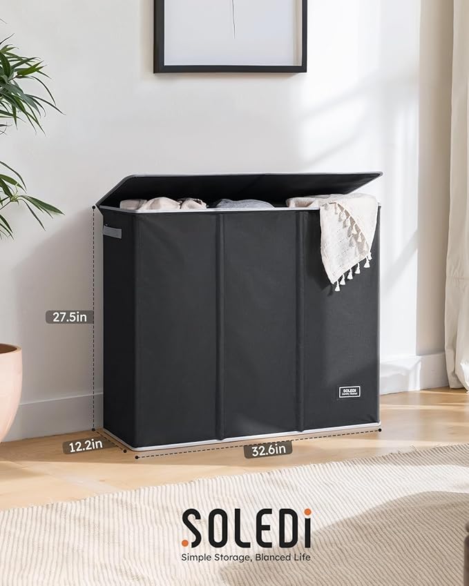 SOLEDI 180L Laundry Hamper 3 Section, Extra Large Laundry Hamper with Lid, Dirty Clothes Hamper with Sturdy Handle, Large Laundry Basket Organizer for Laundry Room, Bedroom, Hampers for Laundry
