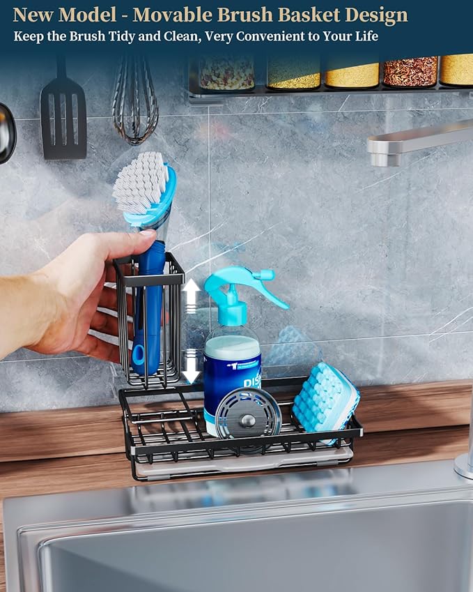 Consumest Sponge Holder for Kitchen Sink - Kitchen Sink Caddy Organizer with Removable Drip Tray for Countertop Dish Soap Dispenser Brush Storage Accessories 304 Stainless Steel - Black