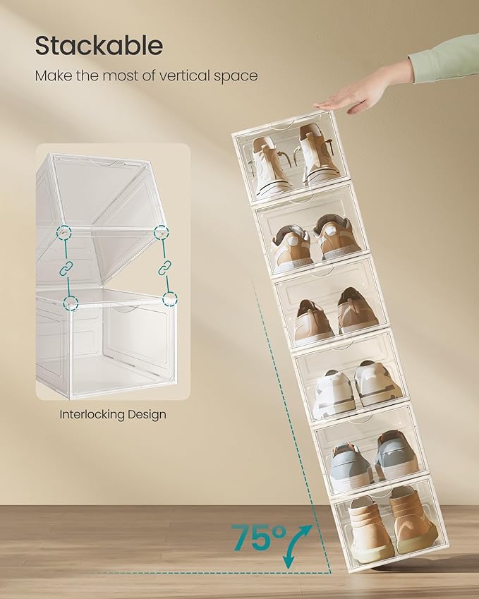SONGMICS Shoe Boxes, Set of 6, Clear Plastic Shoe Storage, Stackable Sneaker Box, Drop Front Door, Up to US Size 11, Easy Assembly, 13 x 9.8 x 7.1 Inches, Transparent White ULSP032W06