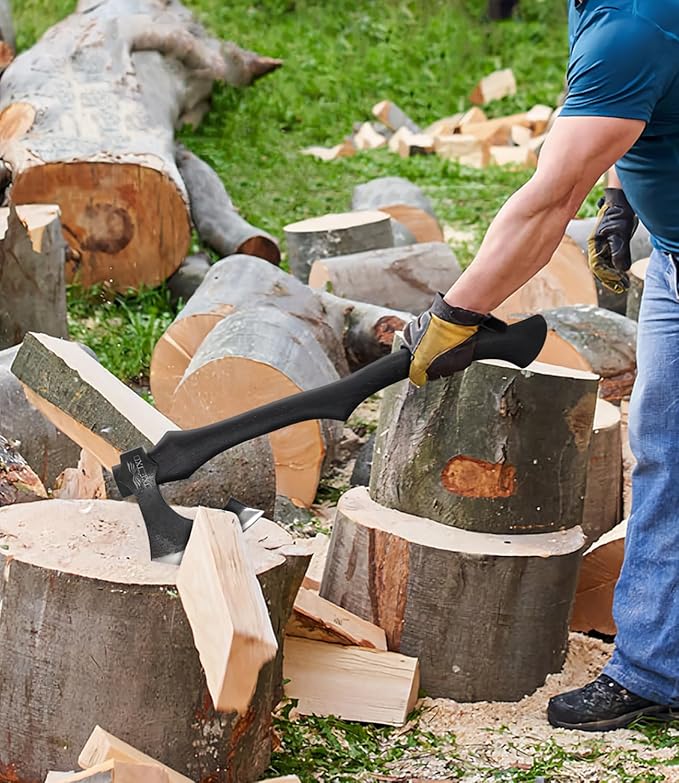 JXE JXO 22.8 Inch Hatchet, Splitting Axe 1065 High Manganese Steel, Hickory Handle Tomahawk Axe with Leather Sheath
