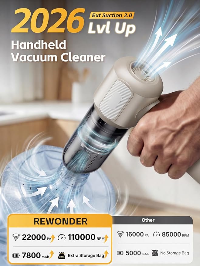 REWONDER Car Vacuum Cleaner High Power, 22000Pa Vacuum Cleaner & 110000RPM Air Duster, Handheld Vacuum with 7800mAh Battery for Valentines Day Gifts, Storage Bag & Multi-Nozzles for Car, Home (Grey)