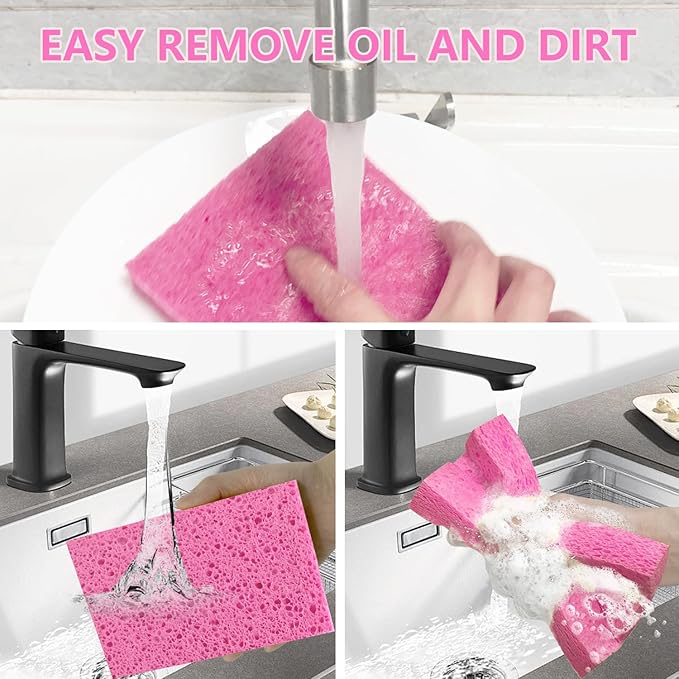 Cellulose Sponges, Large Size 4" x 6" x 1" - Heavy Duty Scrub Kitchen Sponge, Clean Tough Messes Without Scratching Kitchen Cleaning Pads, Pop Up Eco DIY (6 Pack), Pink