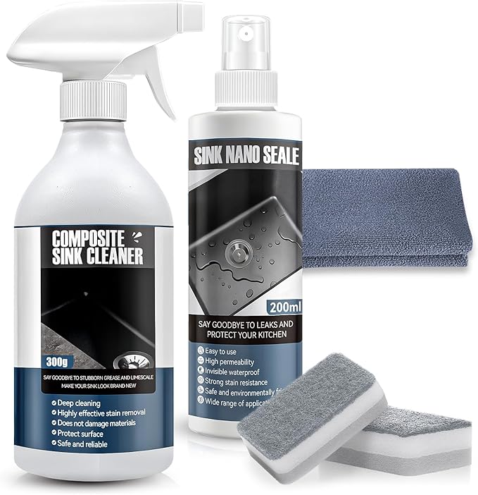 Granite Cleaner and Sealer for Granite Ceramic, Natural Stone Sinks, Restores Shine, Waterproof, All-in-One Cleaning Included 300g Granite Cleaner, 200ml Granite Sealer, 2 Sponges & Microfiber Cloth