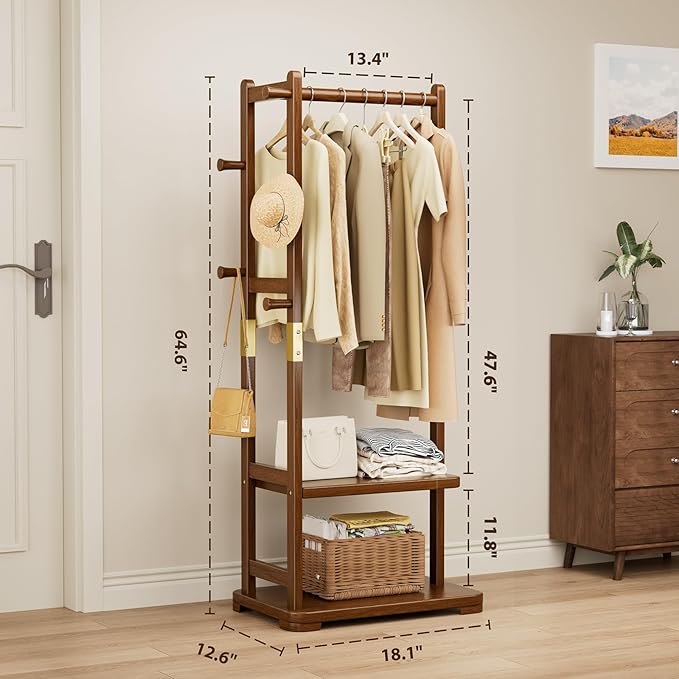 Taitiy Coat Rack Solid Wood Clothes Rack with 2 Shelves & 4 Hooks for Hanging Clothes Garment Wallets Hats, Clothing Rack Coat Rack Freestanding Hall Tree with Storage for Hallway Bedroom Living Room