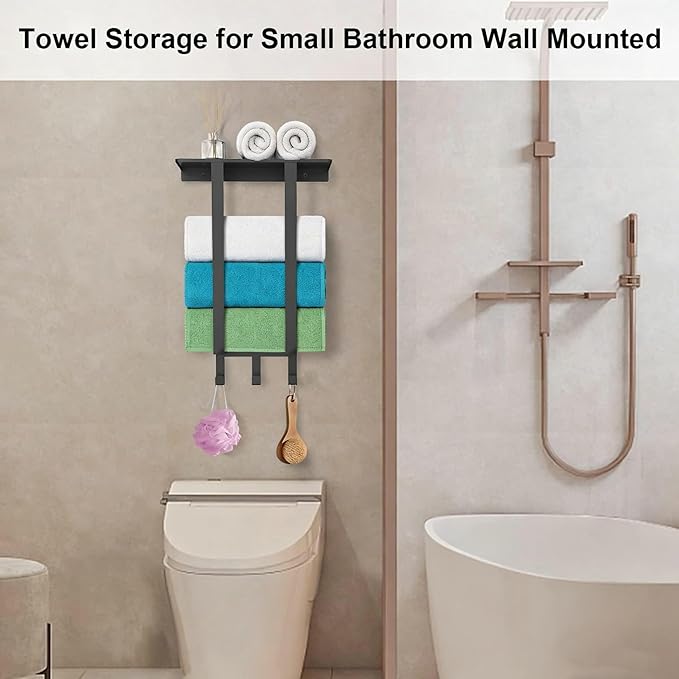 Towel Racks for Bathroom, Towel Rack with Shelf and 3 Hooks, Towel Storage Holders Wall for Rolled Bath Towels, Black