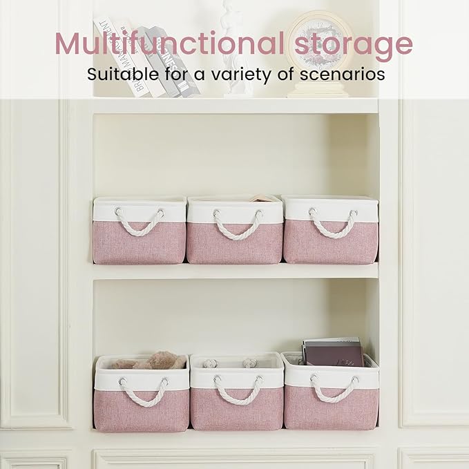 Storage Baskets for Shelves 13.8x9.8x6.7 Inch-Foldable Fabric Organizing Storage Bins with Handles, Closet & Bathroom Organizer, Home Storage for Kitchen, Office (1-Pack, White&Pink)