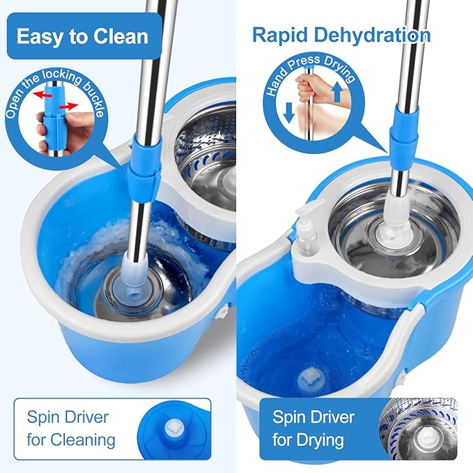 Mop and Bucket with Wringer Set, Separate Dirty Water with 3 Microfiber Replacement Mop Head Refills, 61" Stainless Steel Adjustable Handle for Floor Cleaning, (Mop Bucket 20QT)