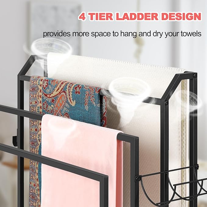 Towel Rack for Bathroom Freestanding Towel Holder Stand Black Blanket Holder for Floor Large Towel Cart with Wheels, Storage Shelves, 6 Metal Hooks for Bathroom, Pool, Living Room