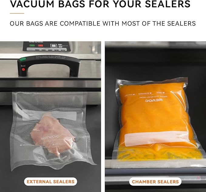 Wevac 11" x 16" Precut Vacuum Sealer Bags, 100 Count, Includes 5 Liquid Block Bags & 5 Bone Guard Pieces, Heavy Duty for Food Storage, Sous Vide & Meal Prep