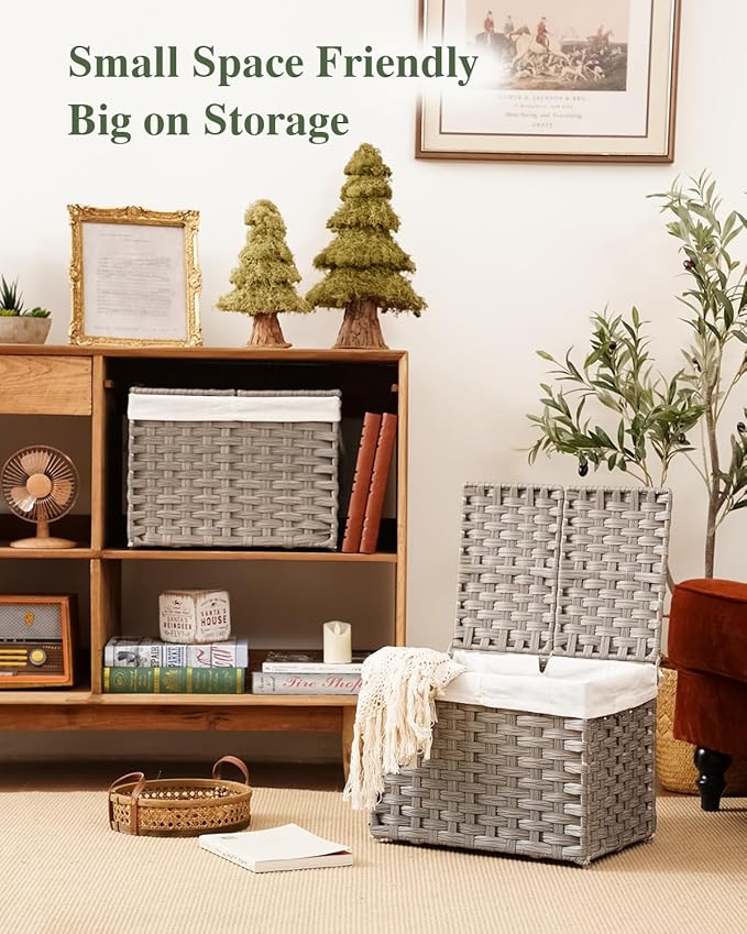 Storage Basket with Lid Woven Wicker Baskets with 2 Separate Lid, 9.2 Gallon (35 L) Wicker Storage Bins with Handles, Foldable and 2 Removable Liner Bags for Bedroom, Laundry Room Gray