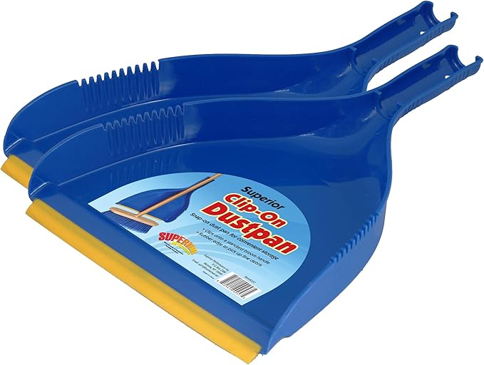 Superio Clip-On Dustpan - Heavy Duty Plastic, Easy Grip Clip-On Dust Pan with Rubber Edge, Detailed Sweeping Debris, Fits Standard Brooms Home & Commercial Dusting & Cleaning Tool, Blue, 2-Pack