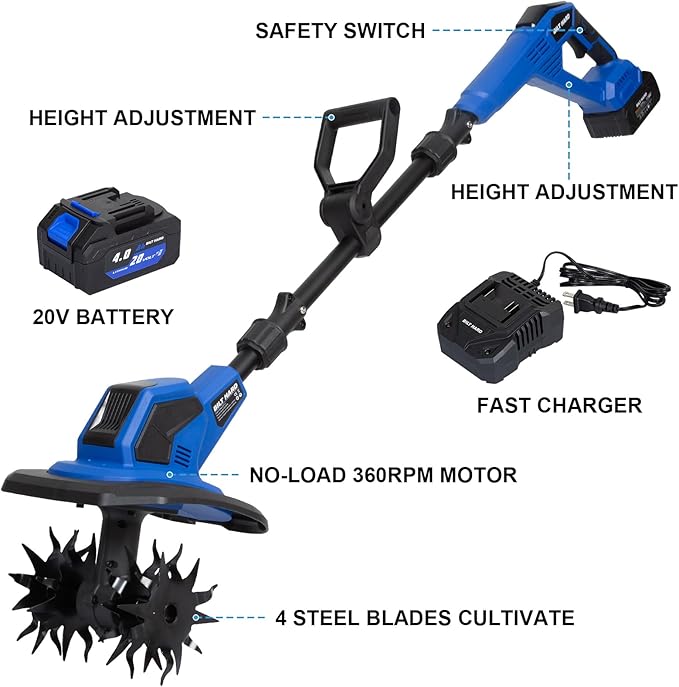 BILT HARD 20V Cordless Tiller Cultivator, 8.7'' Working Width Battery Powered Garden Cultivator, 300RPM Electric Tiller for Lawn, Gardening, Soil Cultivation (4.0AH Battery and Charger Included)