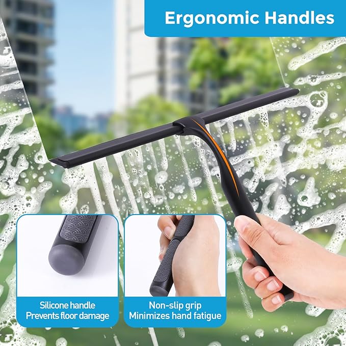 Quntis 10-Inch Matte Black Shower Squeegee for Glass Doors – Stainless Steel with Non-Slip Handle, Replacement Blade & Hook – Ideal for Bathroom, Mirrors, Tiles, and Car Windows