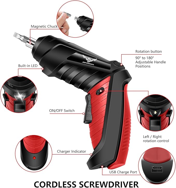 43 in 1 Household Tool Set with 3.6V USB Cordless Electric Screwdriver,Home Tool Kit with Cordless Drill Driver(Red)