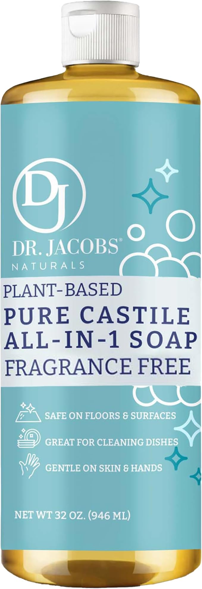 Dr. Jacobs Naturals Fragrance Free Castile All-in-One Cleaner and Soap - Plant-Based Formula for House Cleaning Floors and Appliances - Gentle on Skin and the Planet - 32 oz, 1 Pack