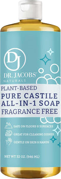 Dr. Jacobs Naturals Fragrance Free Castile All-in-One Cleaner and Soap - Plant-Based Formula for House Cleaning Floors and Appliances - Gentle on Skin and the Planet - 32 oz, 1 Pack