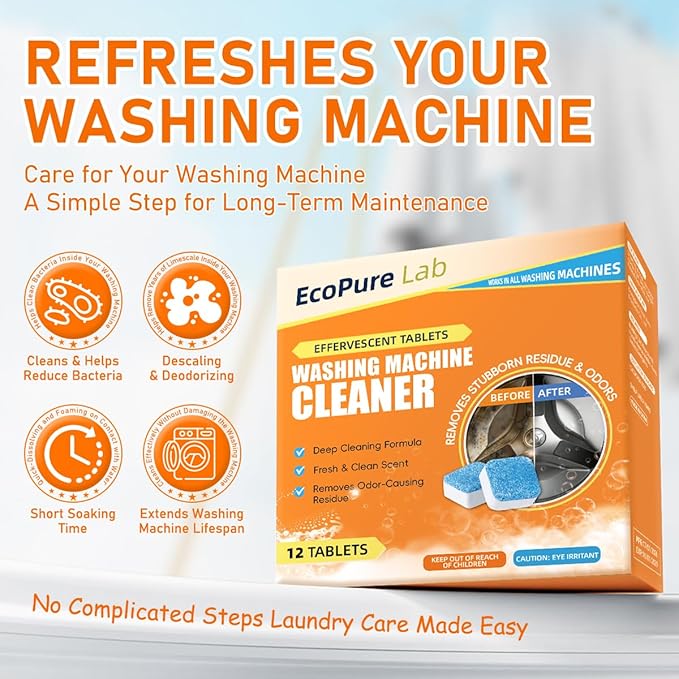 Washing Machine Cleaner Tablets 12 Pack, Deep Removes Residue, Grime and Odors,Washer Machine Cleaner for Front and Top Loader Washer Machines,6 Month Supply (1 PACK)