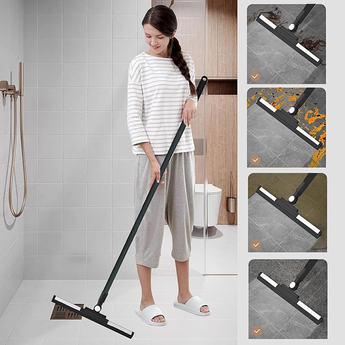 Squeegee Broom for Floor Shower Squeegee with Long Handle Rubber Wiper for Bathroom Tile Shower Glass Car Window Deck Patio Cleaning (Black)