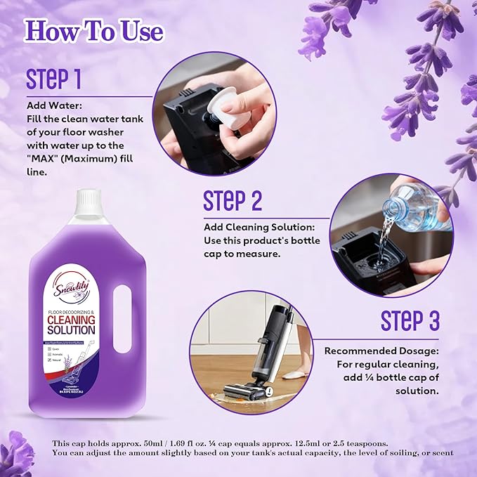 84.53 FL OZ/ 2.5 L Lavender Scent Floor Cleaning Solution Compatible with Tineco，No Residue & Long-lasting Fragrance, Floor Cleaner Refill for All Robot Vacuums & Cordless Floor Washers/Mop Vacuums