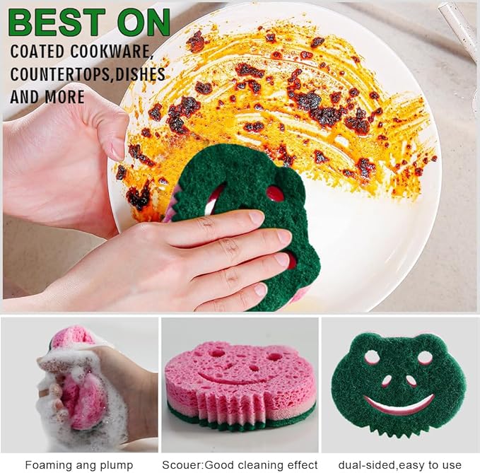 SmilePowo 12 Pack Scrub Sponge,Bulk Sponges,Dual-Sided Multi-Functional Premium Cleaning Sponges,Dishwashing Sponge for Heavy Duty Scouring Pads,Bathroom,Dish,Furniture,Kitchen(Frog Shape)