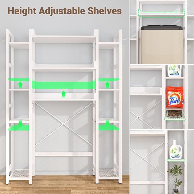 Besiost Over The Toilet Storage with 2 Drawers - 11 Tier Bathroom Organizer Freestanding Space Saver Storage Rack with Adjustable Shelf Above Toilet Stand with 4 Hooks for Restroom, Laundry, White