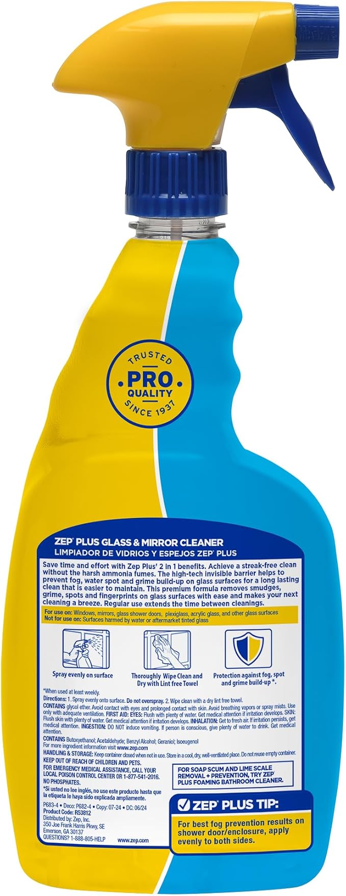 Zep Plus Glass & Mirror Cleaner - 32 Oz. (Case of 12) - R53812 - Keep Your Mirror and Glass Surfaces Clear + Streak-free While Also Preventing Mirror Fog…