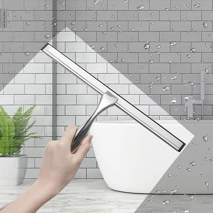 Simtive 12-Inch Shower Squeegee Set, Includes Shower Door Hook and Adhesive Hook, Squeegee for Shower Doors, Mirror and Window, Silver