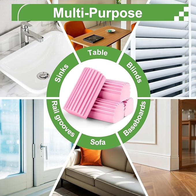 4-Pack Damp Clean Duster Sponge,Pink Damp Dusting Sponge,Duster Baseboard Cleaner Sponge with Ridges,Reusable Wet Duster Sponge,Household Cleaning Sponges for Blinds,Window Track Grooves