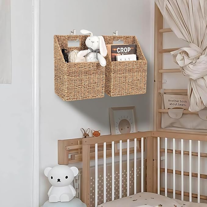 Wicker Hanging Storage Baskets (10.5"Lx6.5"Wx13"H), Set of 2 Wall Basket, Seagrass Basket, Wall Decor Baskets, Seagrass Woven Hanging for Organizing Files, Mails, Books, Accessories