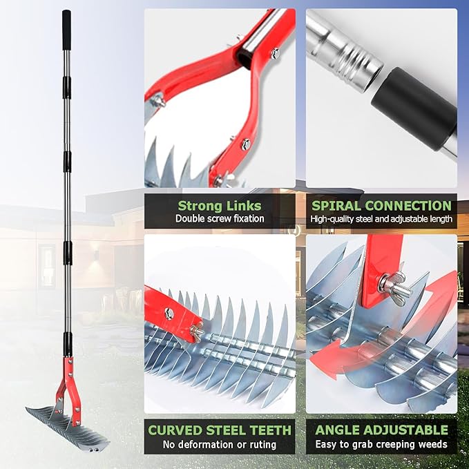 Thatch Rake, 15-Inch Wide dethatcher rake for Cleaning Dead Grass, Adjustable Dead Grass rake for Yard Lawn,thatch rakes for lawns with Stainless Steel Handle, Yard dethatcher rakes, 70-Inch Length.