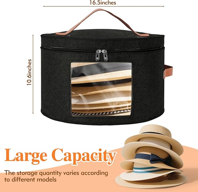 Kovpnor Round Hat Box, Stackable Felt Hat Boxes for Women Storage, Foldable Premium Hat Travel Case with Dustproof Lid, Space Saving Hat Organizer(Black)