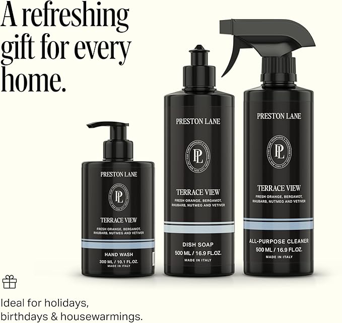 Preston Lane Luxury Kitchen Set – Hand Wash, Dish Soap & All-Purpose Cleaner | Plant-Powered Cleaning Essentials Bundle with Fine Italian Fragrance, Terrace View Scent