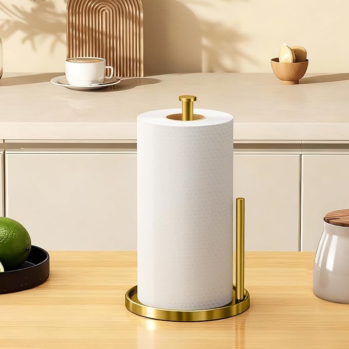 Paper Towel Holder Countertop, Standing Paper Roll Holder with Anti Slip Weighted Base, Stainless Steel Freestanding Paper Towel Holder for Kitchen, Gold