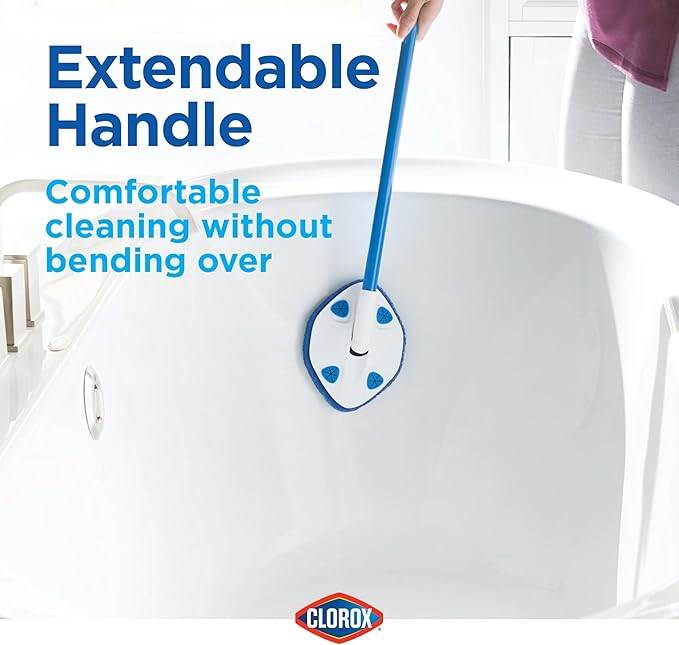 Clorox Extendable Tub & Tile Scrubber with Polyurethane Head – Heavy Duty Bathroom Cleaning Brush with Bonus Refill, Pivoting Head, Replaceable Pad, Works with Clorox Wipes