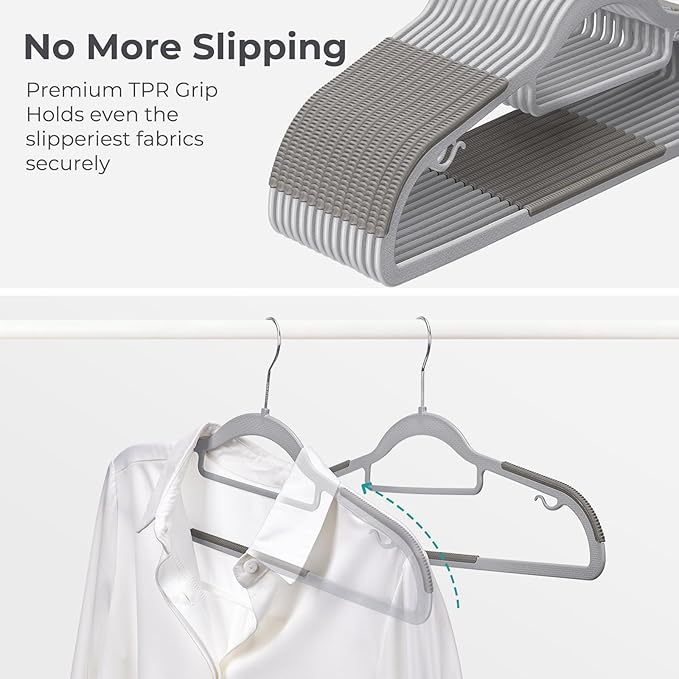 HOUSE DAY Plastic Hangers 100 Pack, Grey Clothes Hangers Non Slip with Rubber Grip, Heavy Duty Hanger with 360º Swivel Metal Hook, Ultra Thin Hanger Space Saving for Closet Organizer