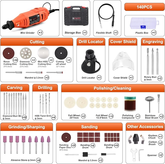 GOXAWEE Rotary Tool Kit with Keyless Drill Chuck and Flex Shaft, Variable Speed Electric Multiuse Tool & 140 Accessories for Cutting, Drilling, Engraving, Grinding, Sanding, Polishing, Crafts,and DIY