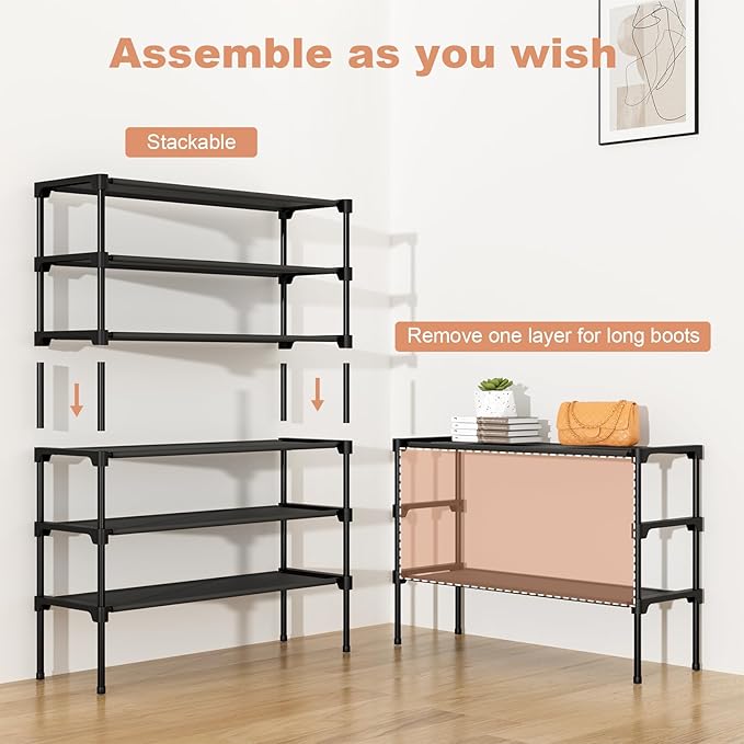 32.3" Widening Design Shoe Rack for Closet 16 Pairs Small Spaces Non-Woven 3 Tier Shoe Organizer Stackable Metal Shoe Shelf for Entryway, Bedroom