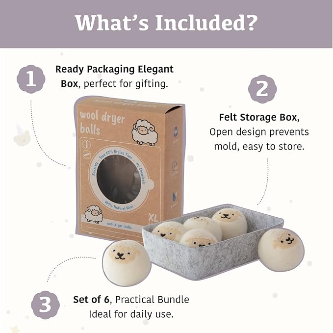 Wool Dryer Balls XL 6-Pack with Felt Box - 100% Pure Wool, Eco-Friendly Fabric Softener, Reduces Wrinkles & Drying Time, Anti-Static, Hypoallergenic, Reusable for 1000+ Loads (White Sheep)