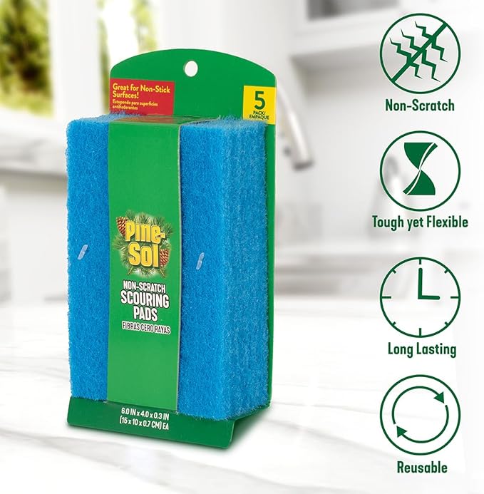 Pine-Sol Non Scratch Scouring Pads - Household Scrubbing Tool for Cleaning Nonstick Cookware and Surfaces - 5 Pack