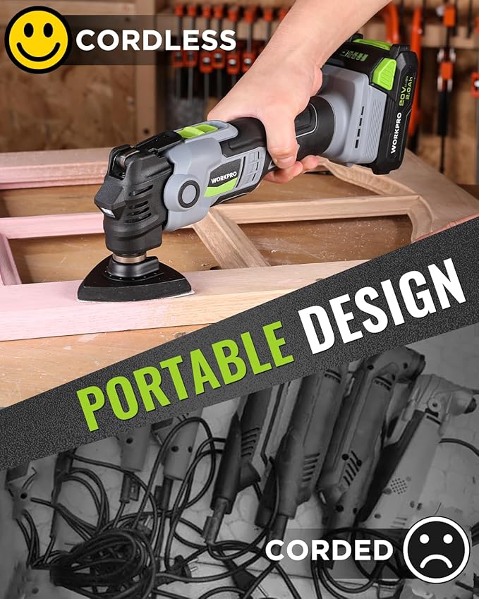 WORKPRO 20V Oscillating Tool Kit, Cordless and Brushless 19,000 RPM Orbiting Multi Tool with 6 Variable Speeds, 3.6°Oscillation Angle, 21pcs Saw Accessories, 1 Rechargeable Battery and Carrying Bag